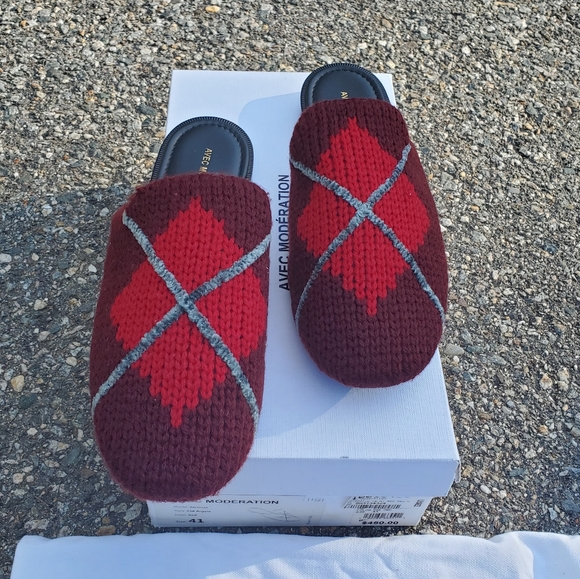 NIB AVEC MODERATION Zermatt Argyle Red Knit Leather Slide Slippers Sandals sz 41 - Picture 4 of 8